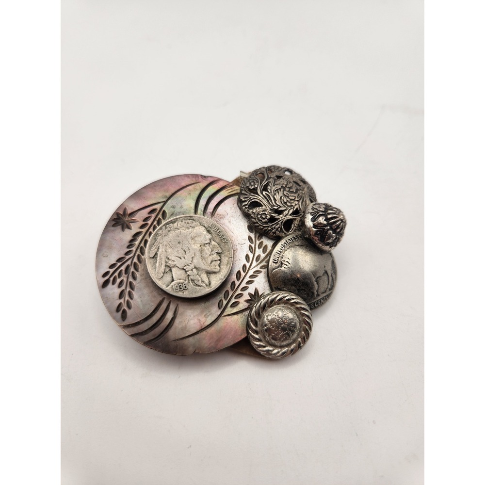Vintage 1936 Buffalo Nickel Abalone Shell Mixed Media Signed Wood Heart Brooch